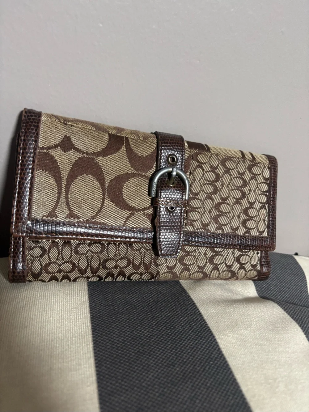 Coach Brown Signature Canvas Wallet with Buckle Detail